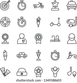 thin line vector icon set - motor vehicle vector, Kick scooter, warm hat, timer, car, racer, stopwatch, flame torch, winner, cup, star reward, man with medal, pennant, target, aim, motorcycle, pool