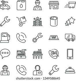 thin line vector icon set - repair key vector, builder, speech, smartphone, 24, phone call, operator, shipment, gas station, industrial enterprise, canister of oil, pipes, stall, urgent cargo, taxi