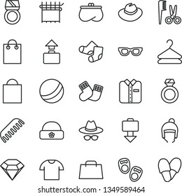 thin line vector icon set - paper bag vector, hat, with glasses, bath ball, accessories for a hairstyle, comb, warm socks, Knitted, shoes little children, winter, T shirt, folded, hanger, purse