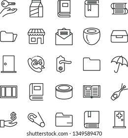 thin line vector icon set - folder vector, book, open pin, e, books, window frame, door knob, ntrance, received letter, umbrella, drawer, 24, package, canned goods, half of coconut, kiosk, champagne