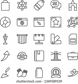 thin line vector icon set - paper bag vector, warm socks, box of bricks, building trowel, color samples, notebook, label, SIM card, jar, lighthouse, billboard with illumination, portfolio, sale