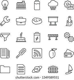 thin line vector icon set - repair key vector, incandescent lamp, rss feed, electronic thermometer e, cloud, cake, plastic brush, hedge, road fence, suitcase, piece of meat, ripe plum, charge level