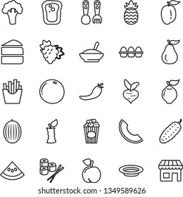 thin line vector icon set - plastic fork spoons vector, bundle of eggs, piece cake, a bowl buckwheat porridge, plate, cucumber, French fries, sushi set, cup popcorn, sandwich, peach, branch grape
