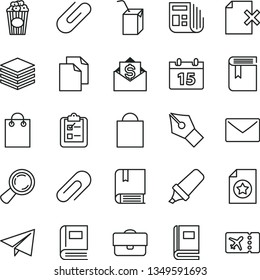 thin line vector icon set - clip vector, paper bag, airplane, clean, book, packing of juice with a straw, e, calendar, envelope, pile, delete page, survey, cup popcorn, magnifier, portfolio, morning