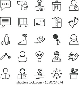 thin line vector icon set - image of thought vector, cargo trolley, footprints, builder, pass card, operator, folded shirt, racer, welding, woman, man, think, scientist, winner, arrow up, stairway