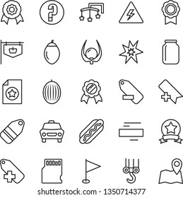 thin line vector icon set - danger of electricity vector, add bookmark, minus, label, remove, pennant, question, toys over the cot, winch hook, car, Hot Dog, melon, tamarillo, physalis, jar, sd card