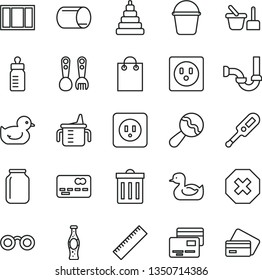 thin line vector icon set - bin vector, mark of injury, yardstick, measuring cup for feeding, bottle, beanbag, electronic thermometer e, rubber duck, baby duckling, stacking toy, sand set, bucket