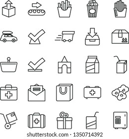 thin line vector icon set - first aid kit vector, bag of a paramedic, medical, e, packing juice with straw, box bricks, received letter, put in, handles, cardboard, gift, package, shipment, popcorn