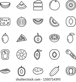 thin line vector icon set - stationery knife vector, piece of cheese, pizza, slices onion, cake, meat, cucumber, sandwich, plum, water melon, slice, half mango, delicious, peach, cherry, lemon, kiwi