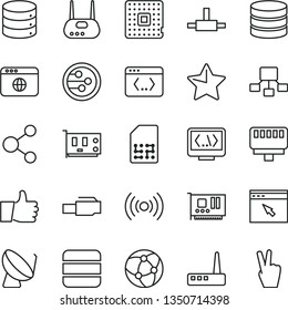 thin line vector icon set - star vector, thumb up, big data, processor, satellite dish, SIM, connection, hierarchical scheme, pc card, router, network, browser, connect, coding, lan connector