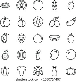 thin line vector icon set - onion vector, mushroom, cabbage, strawberry, a pineapple, apple, rose hip, tasty mulberry, cornels, water melon, half of mango, goji berry, tangerine, kiwi, tamarillo