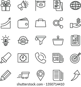 thin line vector icon set - shopping basket vector, vintage sign, location, water filter, connections, globe, statistical report, pencil, text highlighter, get a wage, wallet, loudspeaker, research