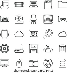 thin line vector icon set - laptop vector, screen, processor, radiator fan, mouse, cpu, pc card, gpu, web camera, router, printer, network, browser, folder, trash bin, floppy, magnifier, note, chair