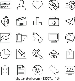 thin line vector icon set - heart symbol vector, camera, monitor window, bookmark, bank card, paper airplane, scribbled, spectacles, zoom, woman, hat with glasses, first aid kit, renewal, roll, bar