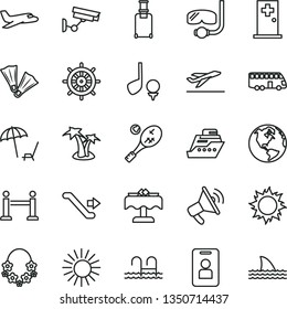 thin line vector icon set - earth vector, plane, bus, escalator, rope barrier, rolling suitcase, departure, arnchair under umbrella, sun, palm tree, hawaii wreath, pool, medical room, restaurant