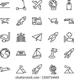 thin line vector icon set - sign of the planet vector, paper airplane, child Kick scooter, building trolley, rocket, space, globe, mountain flag, helicopter, plane, train, sail boat, taxi, departure