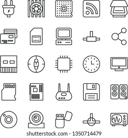 thin line vector icon set - camera vector, rss feed, screen, cards, plug, processor, SIM card, connection, goal woman, wall watch, computer, radiator fan, motherboard, cpu, web, usb, router, scanner