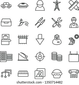 thin line vector icon set - downward direction vector, toys over the cot, motor vehicle, builder, small tools, city block, writing accessories, brick, picture, drawer, cake, pie, barbecue, racer