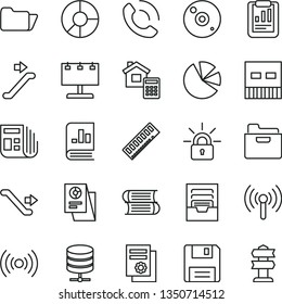 thin line vector icon set - archive vector, books, estimate, big data server, folder, phone call, billboard with illumination, statistical report, ring diagram, pie charts, book on statistics, usb