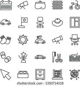 thin line vector icon set - keyboard vector, hat, bedside table, accessories for a hairstyle, warm socks, child bicycle, shoes, abacus, window, building block, weaving, electric car, retro, purse