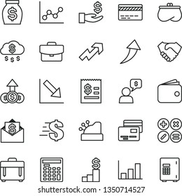 thin line vector icon set - bank card vector, growth up, dollar, graph, negative chart, case, suitcase, cards, math actions, article on the, get a wage, hand shake, wallet, purse, money, cashbox
