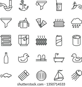 thin line vector icon set - measuring cup for feeding vector, rubber duck, baby duckling, rainy cloud, bath, sewerage, heating coil, anchor, small fish, a glass of soda, tea, can, water melon, pipes