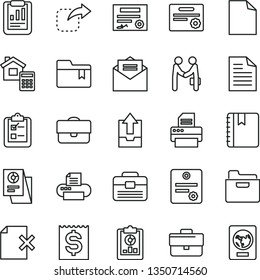 thin line vector icon set - briefcase vector, clean sheet of paper, scribbled, upload archive data, folder bookmark, portfolio, estimate, received letter, notebook, delete page, survey, move right