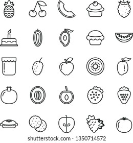 thin line vector icon set - cake vector, muffin, pie, jam, strawberry, strawberries, biscuit, cherry, pomegranate, branch of grape, red apple, tasty, raspberry, mulberry, slice melon, half mango