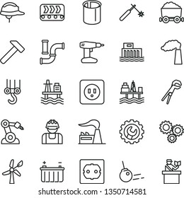 thin line vector icon set - winch hook vector, adjustable wrench, drill, power socket type b, f, helmet, gear, hammer, core, sea port, commercial seaport, wind energy, water pipes, manufacture