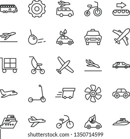 thin line vector icon set - truck lorry vector, cargo trolley, summer stroller, motor vehicle, child bicycle, tricycle, Kick scooter, core, car, marine propeller, production conveyor, eco, urgent