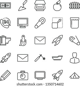 thin line vector icon set - monitor vector, envelope, camera roll, safety pin, open, bath, building trowel, plastic brush, fence, 24, expand picture, jam, apricot, welding, woman, space rocket, tent