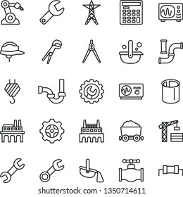 thin line vector icon set - repair key vector, tower crane, hook, adjustable wrench, sewerage, helmet, gear, valve, water pipes, power line, industrial factory, enterprise, robot welder, metallurgy