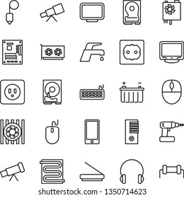 thin line vector icon set - cordless drill vector, power socket type b, f, plummet, heating coil, faucet mixer, headphones, smartphone, battery, radiator fan, mouse, keyboard, pc supply, tower, hdd
