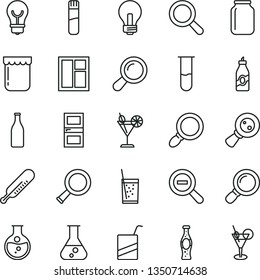 thin line vector icon set - incandescent lamp vector, magnifier, zoom out, mercury thermometer, e, window, interroom door, bulb, a glass of soda, cocktail, bottle, jam, liquor, round flask, jar