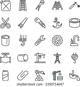 thin line vector icon set - scissors vector, crane, tower, hook, winch, adjustable wrench, hand saw, stepladder, ladder, gear, stationery knife, kitchen faucet, anchor, clip, canned goods, soda can