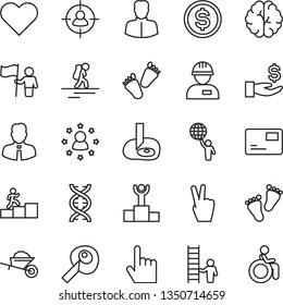 thin line vector icon set - footprints vector, children's tracks, workman, garden trolley, employee, heart, index finger, pass card, woman, man in sight, dollar, get a wage, dna, brain, hold world