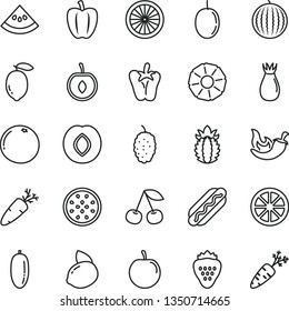 thin line vector icon set - Hot Dog vector, chili, peper, carrot, strawberry, cherry, plum, rose hip, mulberry, water melon, date fruit, tasty, half, passion, lemon, yellow, juicy, of, orange, slice