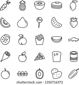 thin line vector icon set - bundle of eggs vector, Easter cake, tin, piece pizza, grill chicken leg, Chupa Chups, French fries, small fish, strawberries, pancakes, peach, apricot, strawberry, fig