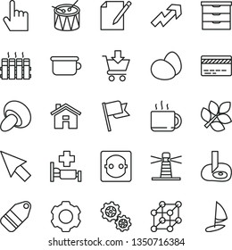 thin line vector icon set - house vector, bank card, growth up, storage unit, children's potty, drum, radiator, index finger, flag, notes, put in cart, label, eggs, porcini, cup of tea, power socket