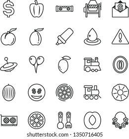 thin line vector icon set - warning vector, plastic fork spoons, baby toy train, children's, yule, colored air balloons, concrete mixer, building level, ripe peach, melon, loquat, half, lemon, juicy