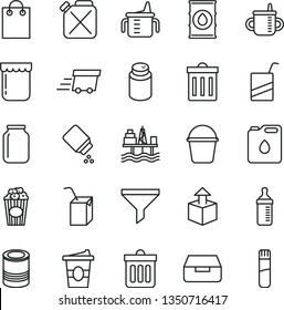 thin line vector icon set - bin vector, mug for feeding, measuring cup, bottle, powder, baby, e, packing of juice with a straw, bucket, dust, drawer, unpacking, tin, popcorn, coffe to go, jam, oil