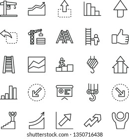 thin line vector icon set - upward direction vector, growth up, line chart, positive histogram, crane, tower, hook, winch, stepladder, ladder, left bottom arrow, move, right, bar, financial report