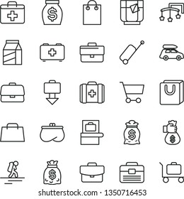 thin line vector icon set - briefcase vector, first aid kit, toys over the cot, bag of a paramedic, medical, portfolio, suitcase, with handles, package, glass tea, cart, purse, money, dollars, hand