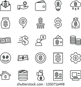 thin line vector icon set - dollar vector, coins, column of, denomination the, article on, financial item, catch a coin, wallet, money, dollars, bag hand, rain, mortgage, gear, idea, eyes, mail, pin