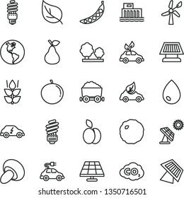 thin line vector icon set - saving light bulb vector, drop, porcini, cabbage, apple, pear, mint, tangerine, peas, solar panel, big, leaf, wind energy, planet Earth, hydroelectric station, trees, sun