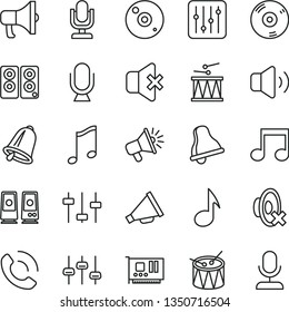 thin line vector icon set - bell vector, desktop microphone, horn, silent mode, drumroll, drum, music, regulator, volume, no sound, phone call, megaphone, loudspeaker, pc card, cd, speaker, note