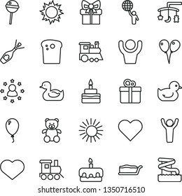 thin line vector icon set - heart symbol vector, toys over the cradle, rubber duck, baby duckling, teddy bear, toy train, children's, colored air balloons, balloon, gift, Easter cake, slice, torte
