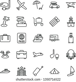 thin line vector icon set - suitcase vector, passport, sand castle, plane, car baggage, camper, rolling, case, tent, beach, arnchair under umbrella, palm tree, hawaii wreath, aquapark, diving mask