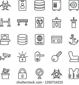 thin line vector icon set - prohibition vector, Baby chair, door knob, road fence, lock, anchor, passport, big data, strongbox, reverse side of a bank card, encrypting, biohazard, airport tower, key