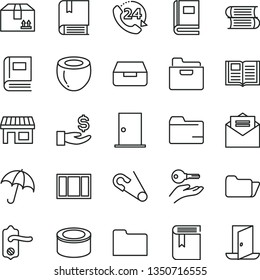 thin line vector icon set - folder vector, book, open pin, e, books, window frame, door knob, ntrance, received letter, umbrella, drawer, cardboard box, 24, canned goods, half of coconut, stall